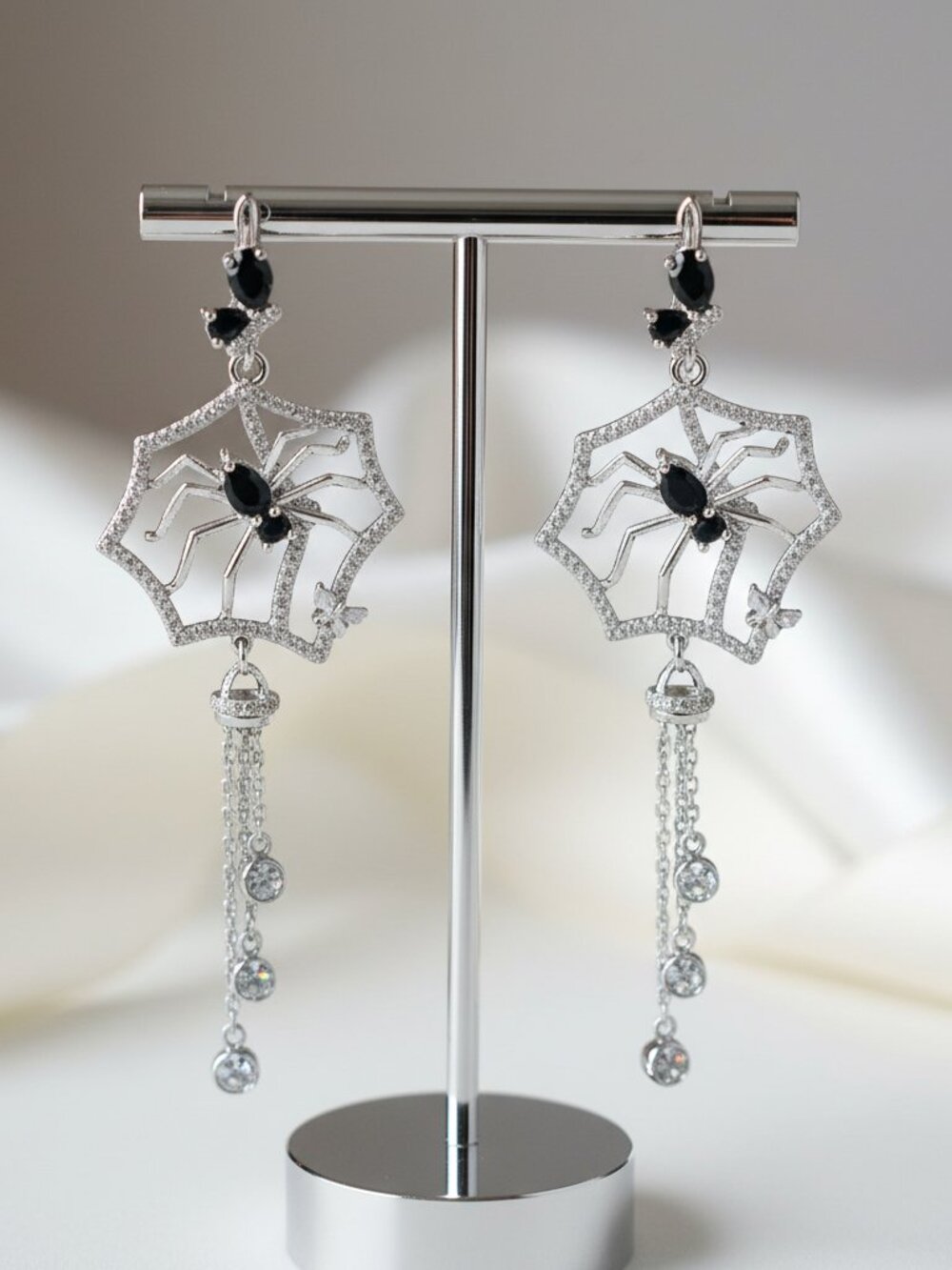Silver Spider Web Black Spinel Drop Earrings NWOT